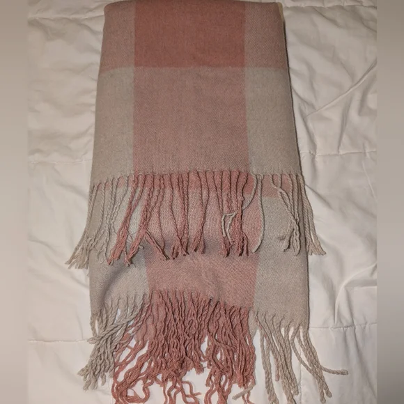 🩷Blush & Cream Plaid Shawl, Poncho, Extra-Wide Scarf, Wrap, Blanket - Picture 3 of 8